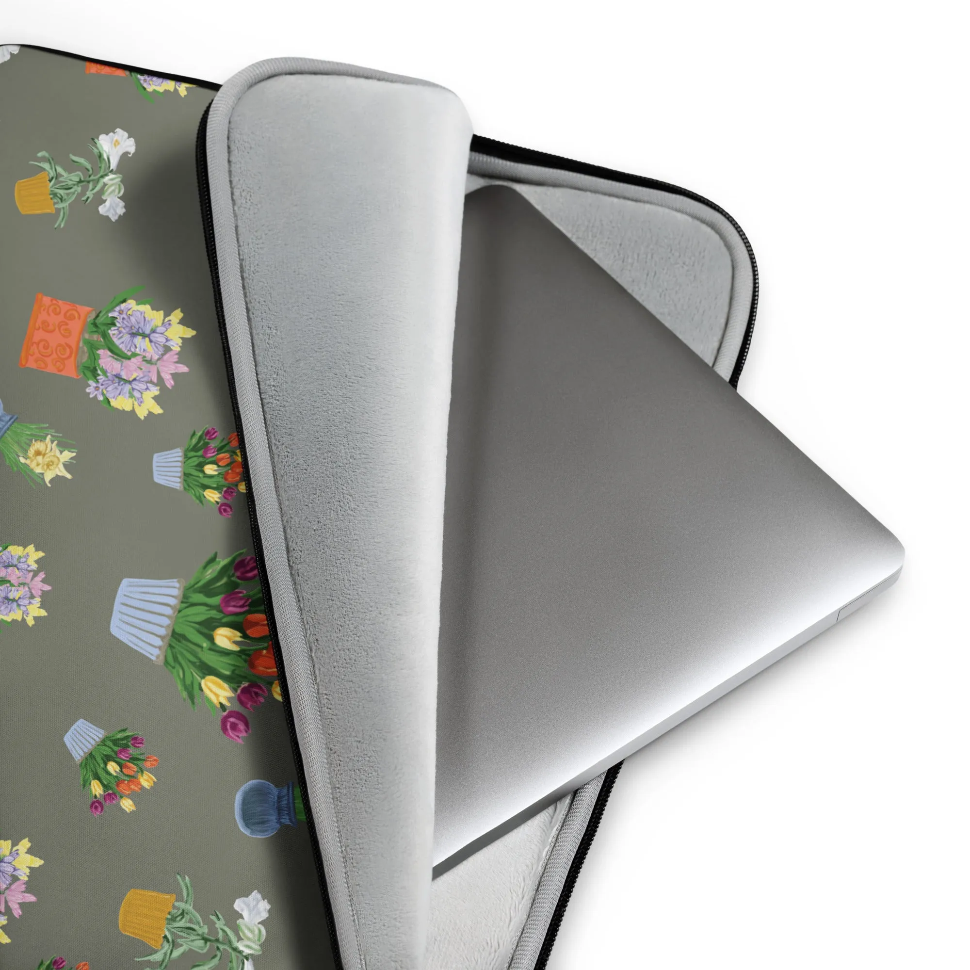 Laptop Sleeve Potted Flowers - Khaki Green Background