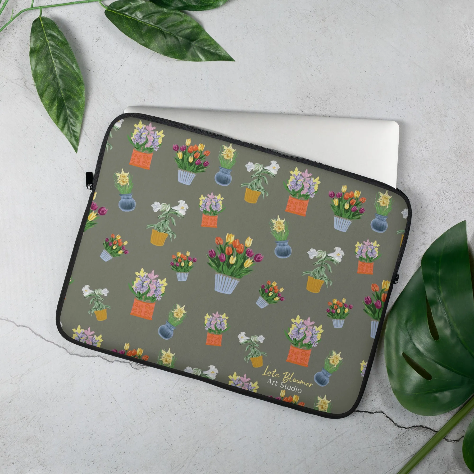 Laptop Sleeve Potted Flowers - Khaki Green Background