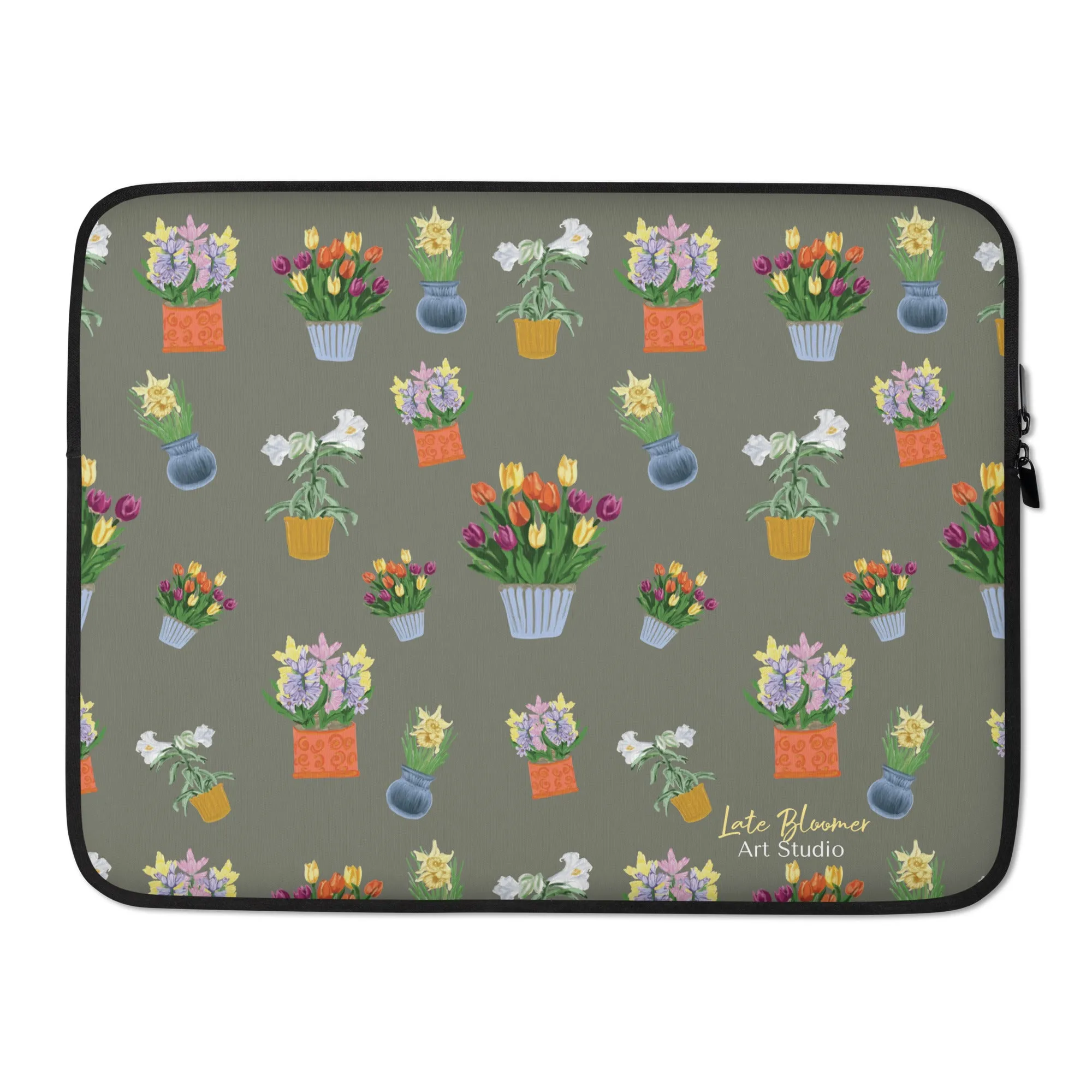 Laptop Sleeve Potted Flowers - Khaki Green Background