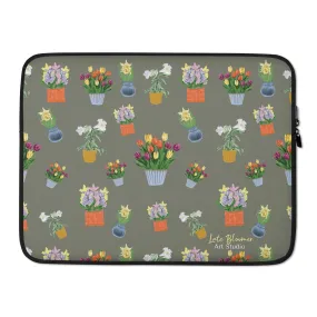 Laptop Sleeve Potted Flowers - Khaki Green Background
