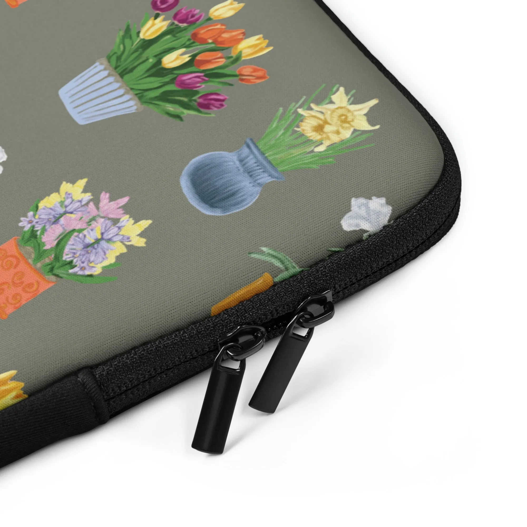 Laptop Sleeve Potted Flowers - Khaki Green Background