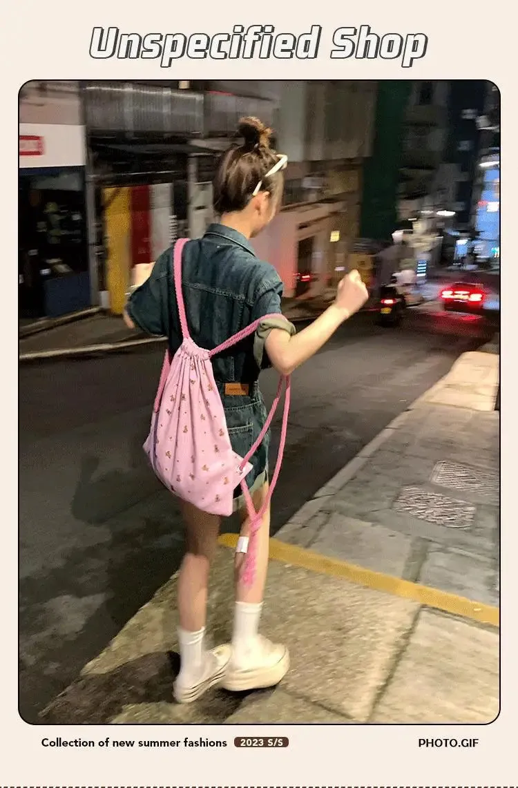 Sohiwoo Fashion Pink Bear Drawstring Backpack for Women Kawaii Cartoon Cotton Y2k Women Backpack Korean Style Travel Shopping Girls Bag