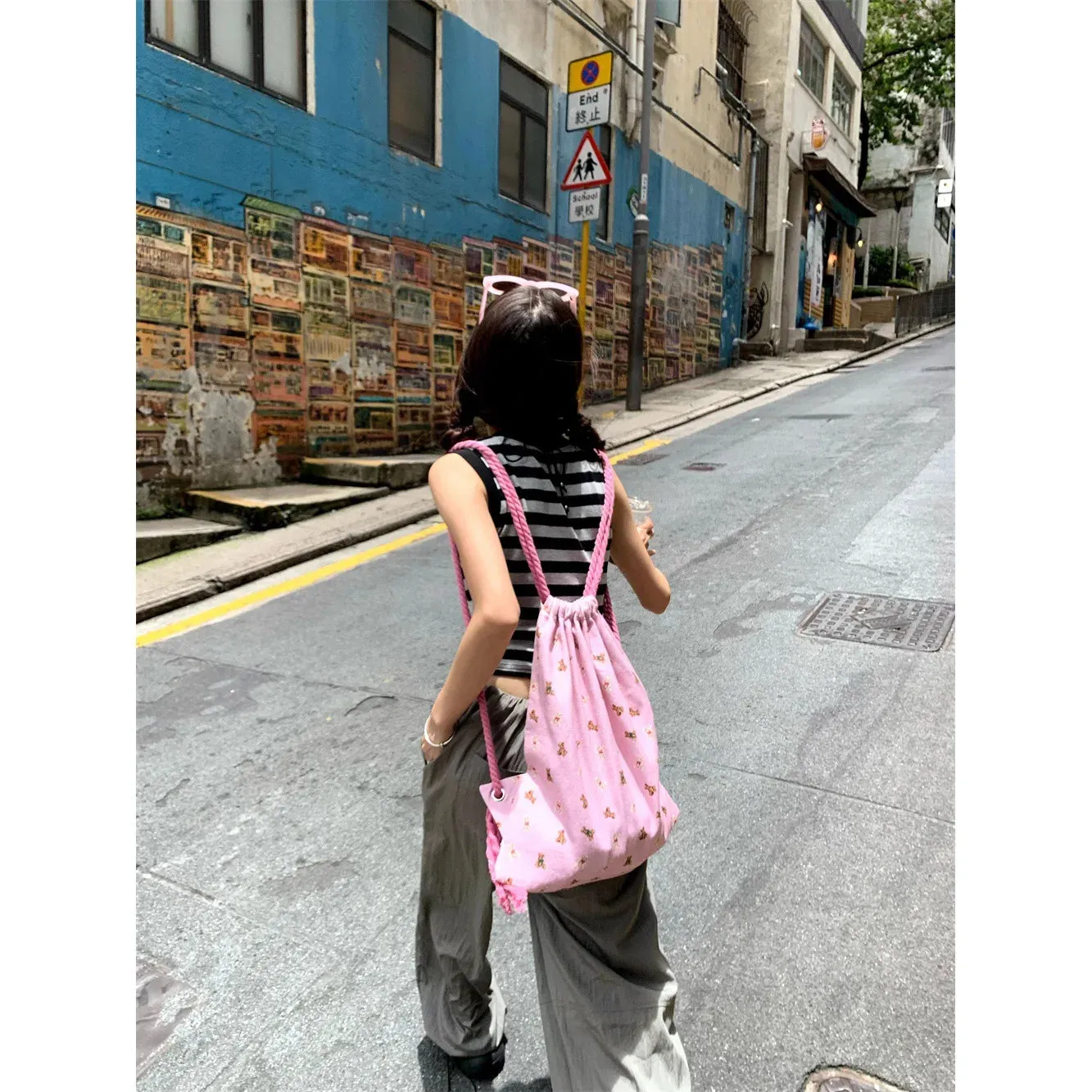 Sohiwoo Fashion Pink Bear Drawstring Backpack for Women Kawaii Cartoon Cotton Y2k Women Backpack Korean Style Travel Shopping Girls Bag