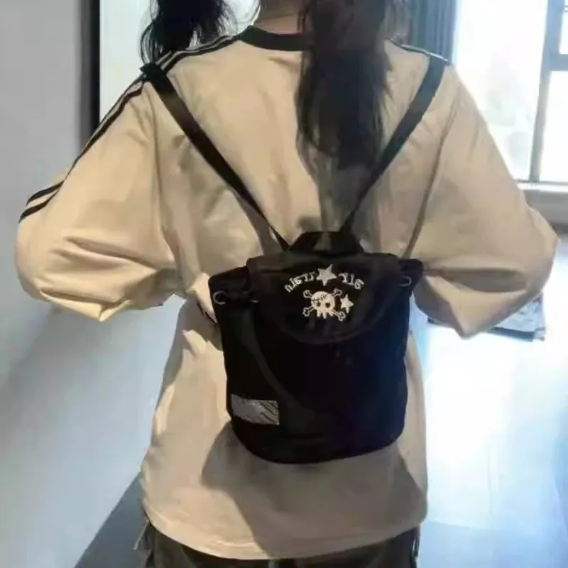 UAKISS  -  New Skull Star Embroidery Mini Backpack Y2k Aesthetic Casual Travel Contrast Color Schoolbags Women Kawaii Drawstring Backpacks