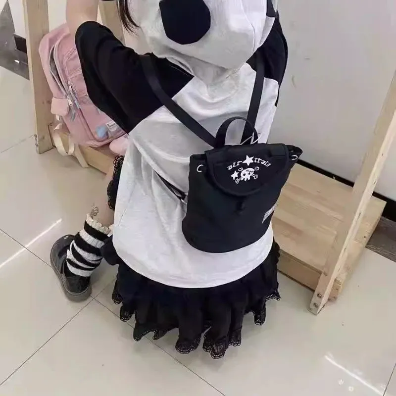 UAKISS  -  New Skull Star Embroidery Mini Backpack Y2k Aesthetic Casual Travel Contrast Color Schoolbags Women Kawaii Drawstring Backpacks